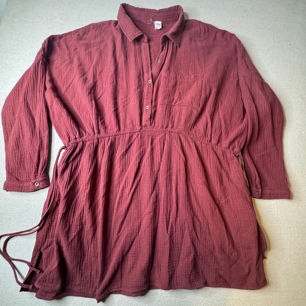 Burgundy Cotton Gauze Tunic Dress XL Boho Cottagecore Babydoll Peasant - Picture 2 of 8